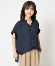 F1BHA68130 MK MICHEL KLEIN(小さいサイズ)(メゾン ドゥ サンク) 【小さいサイズ】メタル釦デザイン サテン地ブラウス/接触冷感/洗える ライトブルー