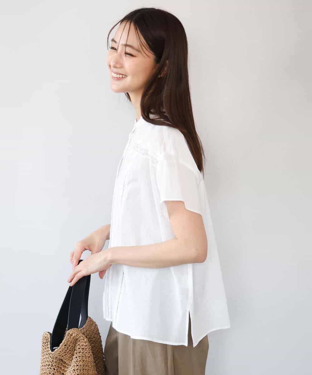 F1BHD61160 MK MICHEL KLEIN(小さいサイズ)(メゾン ドゥ サンク) 【小さいサイズ】[洗える]オーガニックコットン デザインブラウス ホワイト