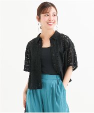 F1BHD62160 MK MICHEL KLEIN(小さいサイズ)(メゾン ドゥ サンク) 【小さいサイズ】[洗える]幾何レース五分袖シャツブラウス ブラック