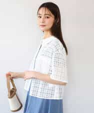 F1BHD62160 MK MICHEL KLEIN(小さいサイズ)(メゾン ドゥ サンク) 【小さいサイズ】[洗える]幾何レース五分袖シャツブラウス ホワイト