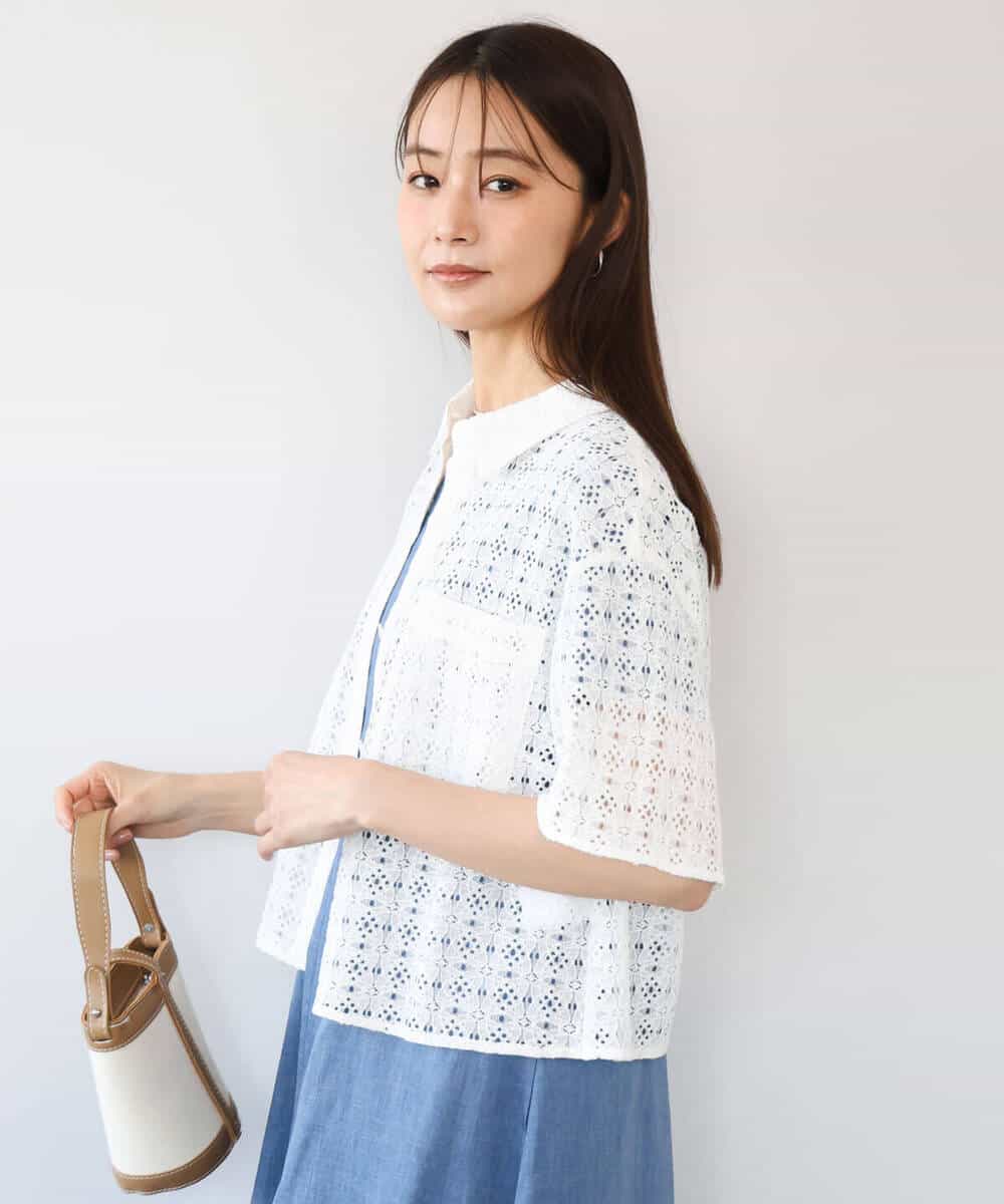 F1BHD62160 MK MICHEL KLEIN(小さいサイズ)(メゾン ドゥ サンク) 【小さいサイズ】[洗える]幾何レース五分袖シャツブラウス ホワイト