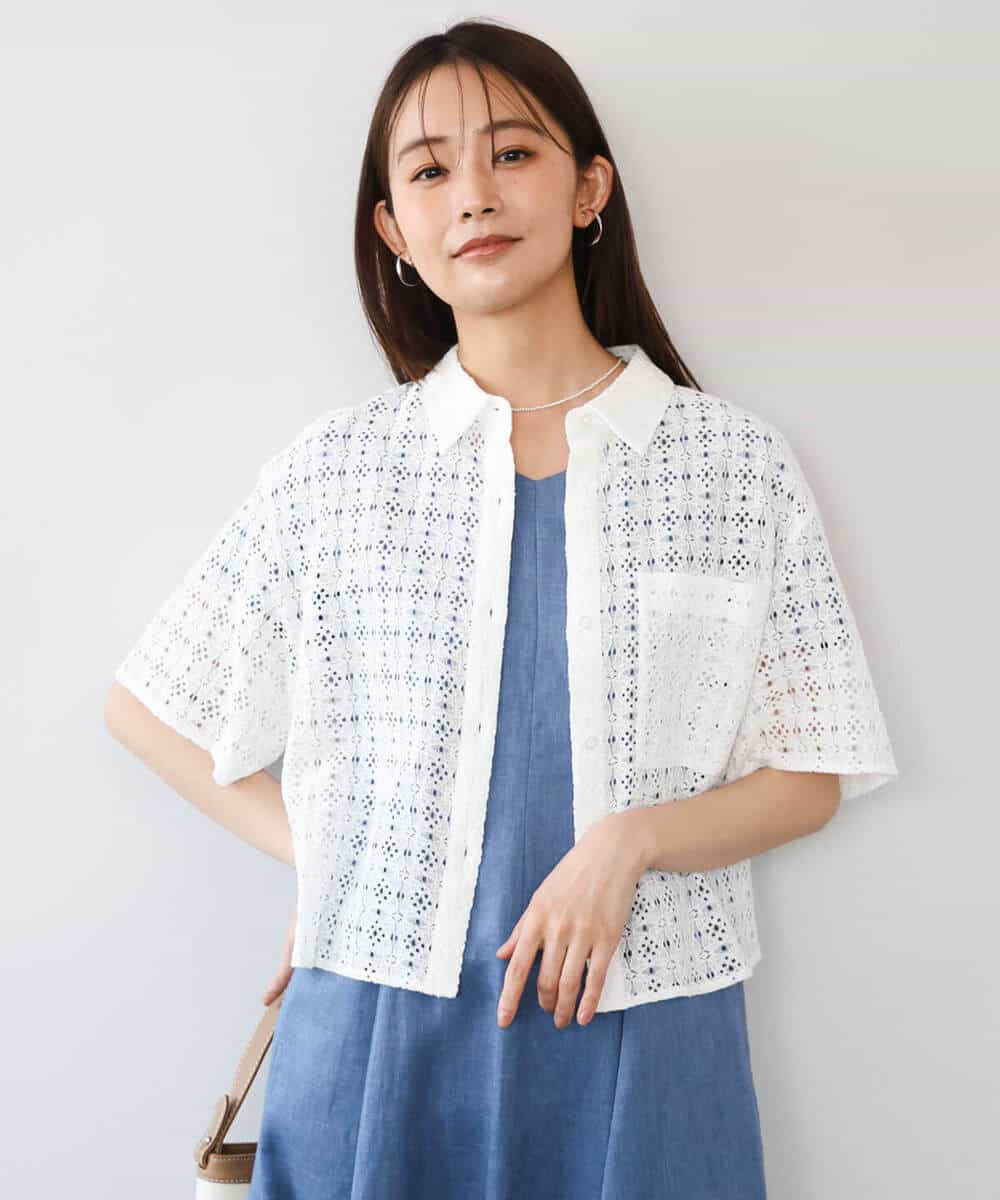 F1BHD62160 MK MICHEL KLEIN(小さいサイズ)(メゾン ドゥ サンク) 【小さいサイズ】[洗える]幾何レース五分袖シャツブラウス ホワイト