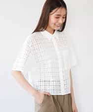 F1BHD62160 MK MICHEL KLEIN(小さいサイズ)(メゾン ドゥ サンク) 【小さいサイズ】[洗える]幾何レース五分袖シャツブラウス ホワイト