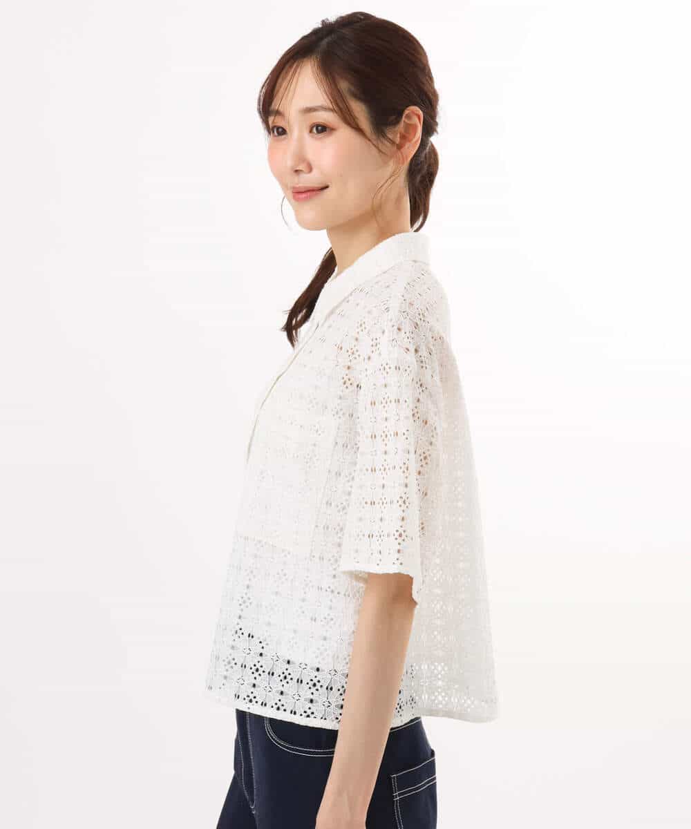 F1BHD62160 MK MICHEL KLEIN(小さいサイズ)(メゾン ドゥ サンク) 【小さいサイズ】[洗える]幾何レース五分袖シャツブラウス ホワイト
