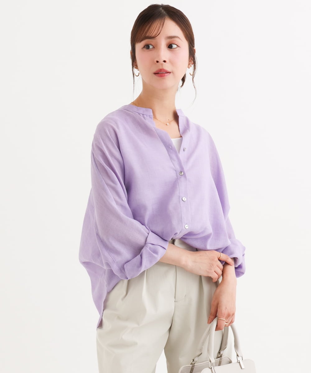 F1BHD65160 MK MICHEL KLEIN(小さいサイズ)(メゾン ドゥ サンク) 【小さいサイズ】[接触冷感/通気性/洗える]ラミーリネン混シャツブラウス ラベンダー