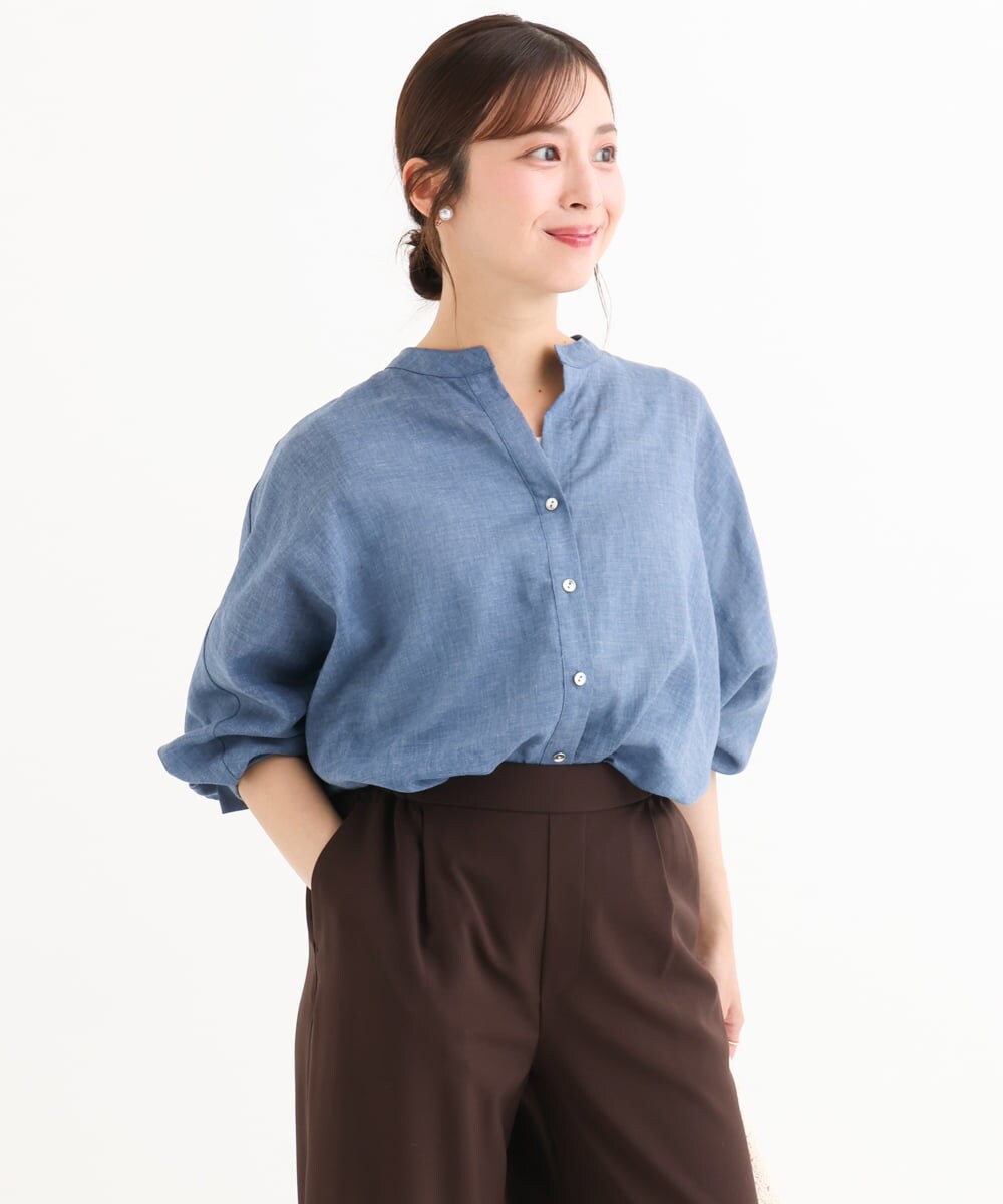 F1BHD65160 MK MICHEL KLEIN(小さいサイズ)(メゾン ドゥ サンク) 【小さいサイズ】[接触冷感/通気性/洗える]ラミーリネン混シャツブラウス ラベンダー
