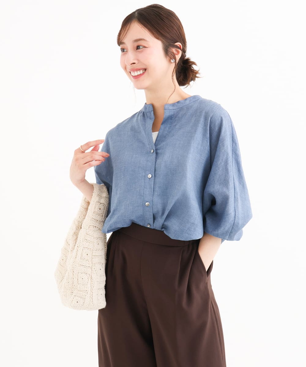 F1BHD65160 MK MICHEL KLEIN(小さいサイズ)(メゾン ドゥ サンク) 【小さいサイズ】[接触冷感/通気性/洗える]ラミーリネン混シャツブラウス ラベンダー
