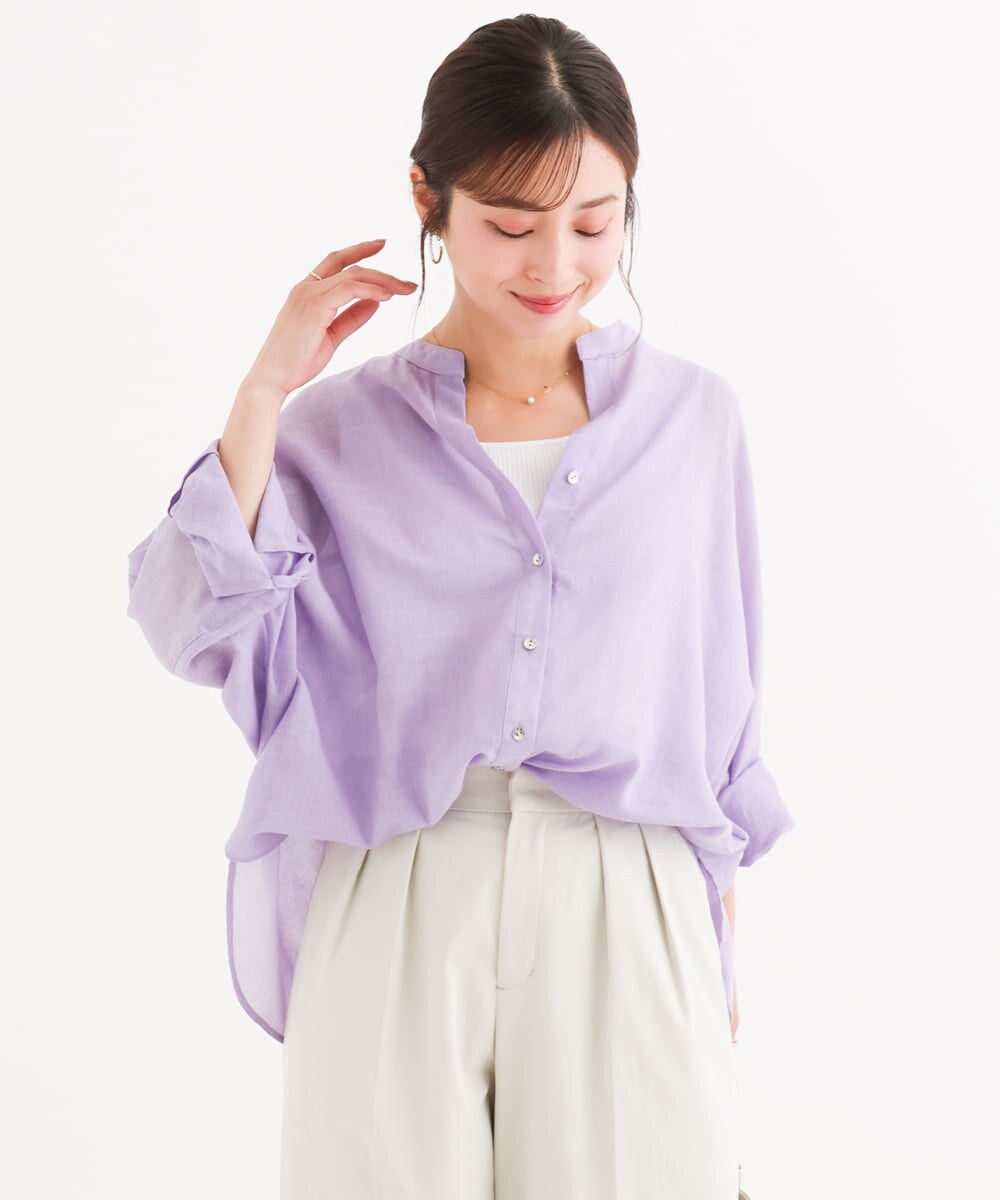 F1BHD65160 MK MICHEL KLEIN(小さいサイズ)(メゾン ドゥ サンク) 【小さいサイズ】[接触冷感/通気性/洗える]ラミーリネン混シャツブラウス ラベンダー