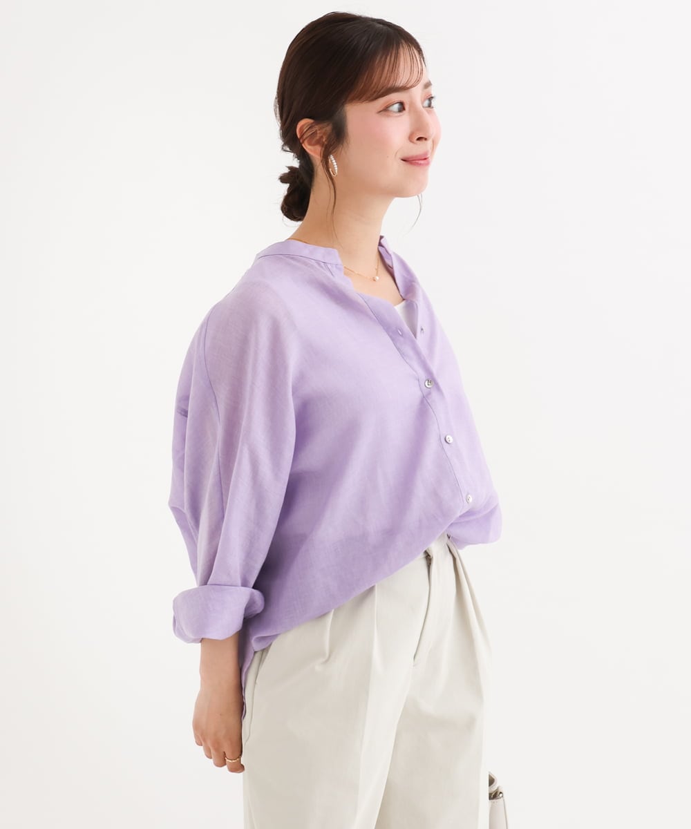 F1BHD65160 MK MICHEL KLEIN(小さいサイズ)(メゾン ドゥ サンク) 【小さいサイズ】[接触冷感/通気性/洗える]ラミーリネン混シャツブラウス ラベンダー