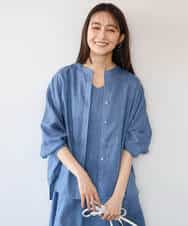 F1BHD65160 MK MICHEL KLEIN(小さいサイズ)(メゾン ドゥ サンク) 【小さいサイズ】[接触冷感/通気性/洗える]ラミーリネン混シャツブラウス ブルー