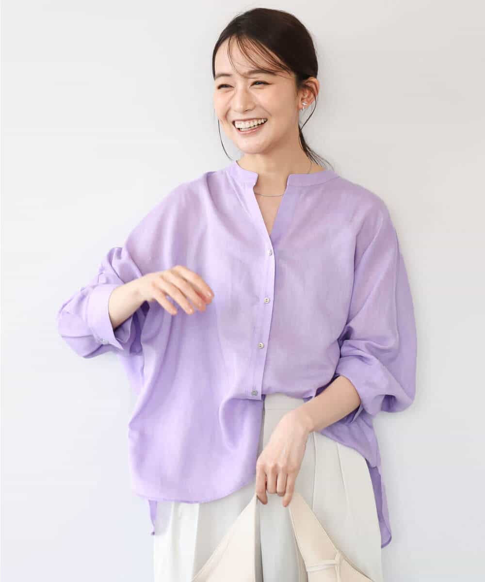 F1BHD65160 MK MICHEL KLEIN(小さいサイズ)(メゾン ドゥ サンク) 【小さいサイズ】[接触冷感/通気性/洗える]ラミーリネン混シャツブラウス ラベンダー