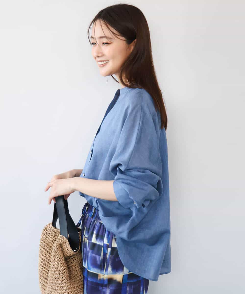 F1BHD65160 MK MICHEL KLEIN(小さいサイズ)(メゾン ドゥ サンク) 【小さいサイズ】[接触冷感/通気性/洗える]ラミーリネン混シャツブラウス ラベンダー
