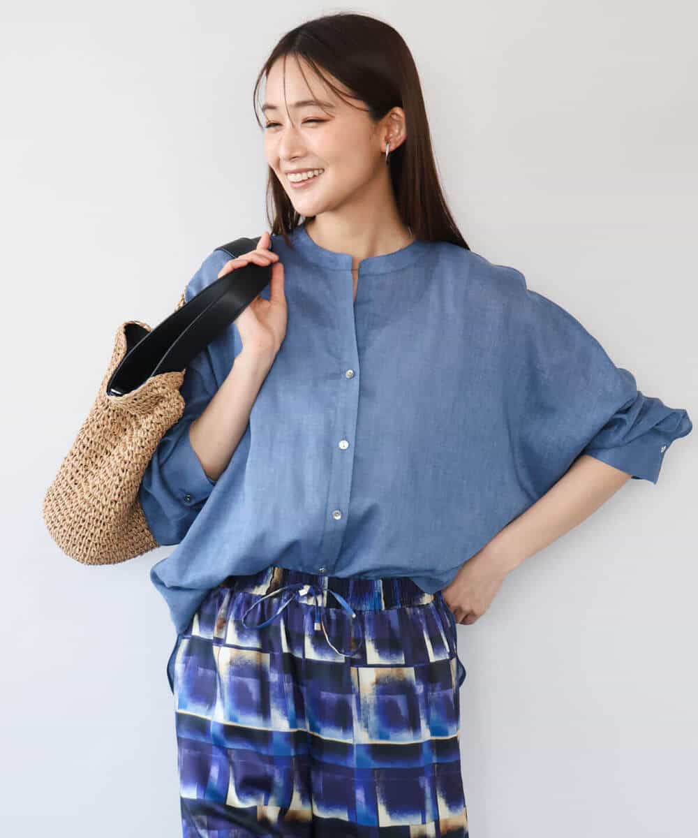 F1BHD65160 MK MICHEL KLEIN(小さいサイズ)(メゾン ドゥ サンク) 【小さいサイズ】[接触冷感/通気性/洗える]ラミーリネン混シャツブラウス ラベンダー