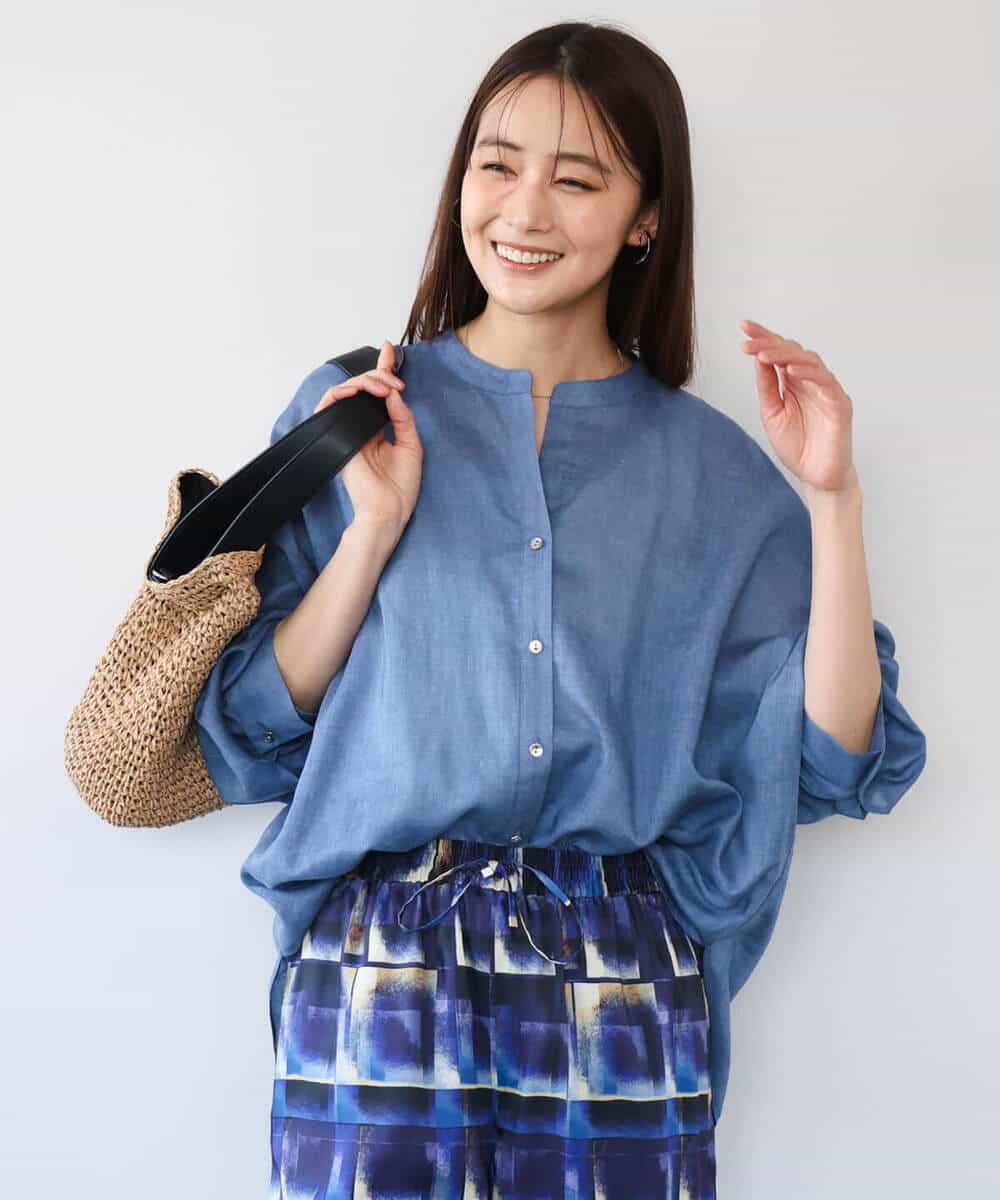 F1BHD65160 MK MICHEL KLEIN(小さいサイズ)(メゾン ドゥ サンク) 【小さいサイズ】[接触冷感/通気性/洗える]ラミーリネン混シャツブラウス ラベンダー