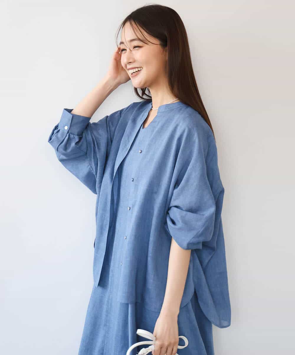 F1BHD65160 MK MICHEL KLEIN(小さいサイズ)(メゾン ドゥ サンク) 【小さいサイズ】[接触冷感/通気性/洗える]ラミーリネン混シャツブラウス ラベンダー