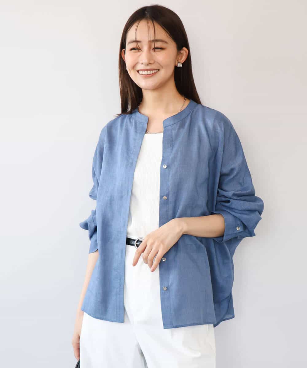 F1BHD65160 MK MICHEL KLEIN(小さいサイズ)(メゾン ドゥ サンク) 【小さいサイズ】[接触冷感/通気性/洗える]ラミーリネン混シャツブラウス ラベンダー