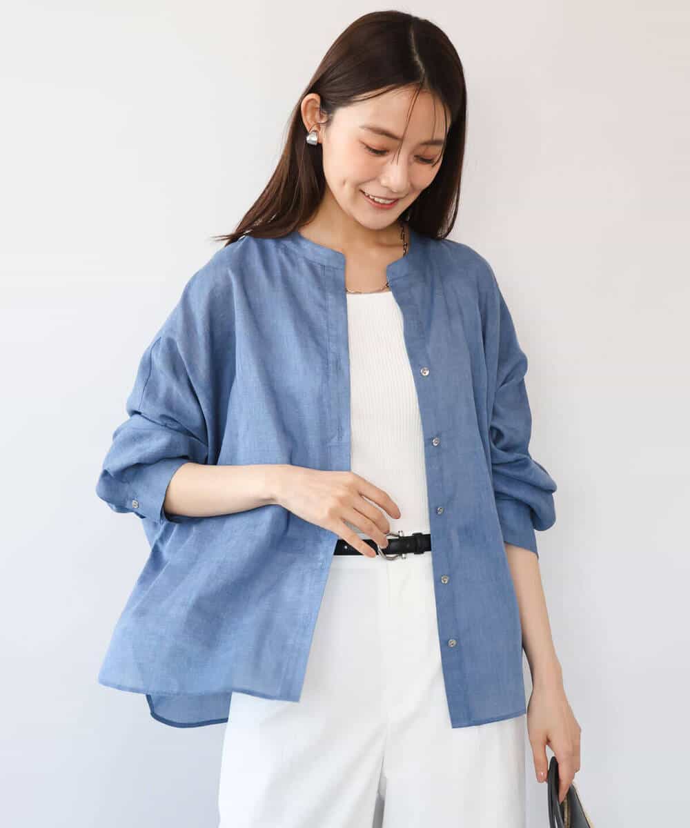 F1BHD65160 MK MICHEL KLEIN(小さいサイズ)(メゾン ドゥ サンク) 【小さいサイズ】[接触冷感/通気性/洗える]ラミーリネン混シャツブラウス ラベンダー