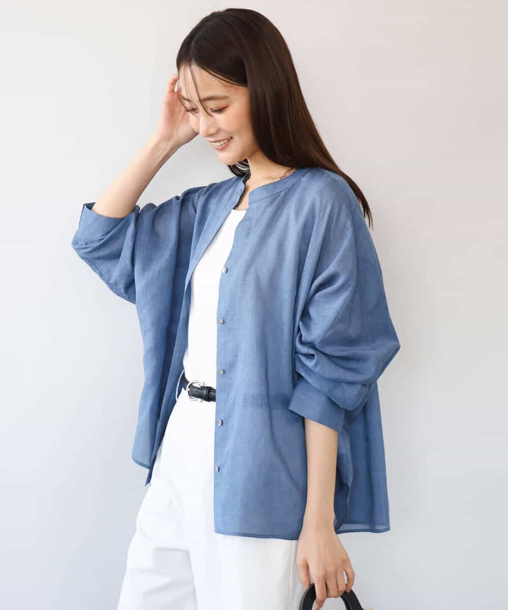 F1BHD65160 MK MICHEL KLEIN(小さいサイズ)(メゾン ドゥ サンク) 【小さいサイズ】[接触冷感/通気性/洗える]ラミーリネン混シャツブラウス ラベンダー