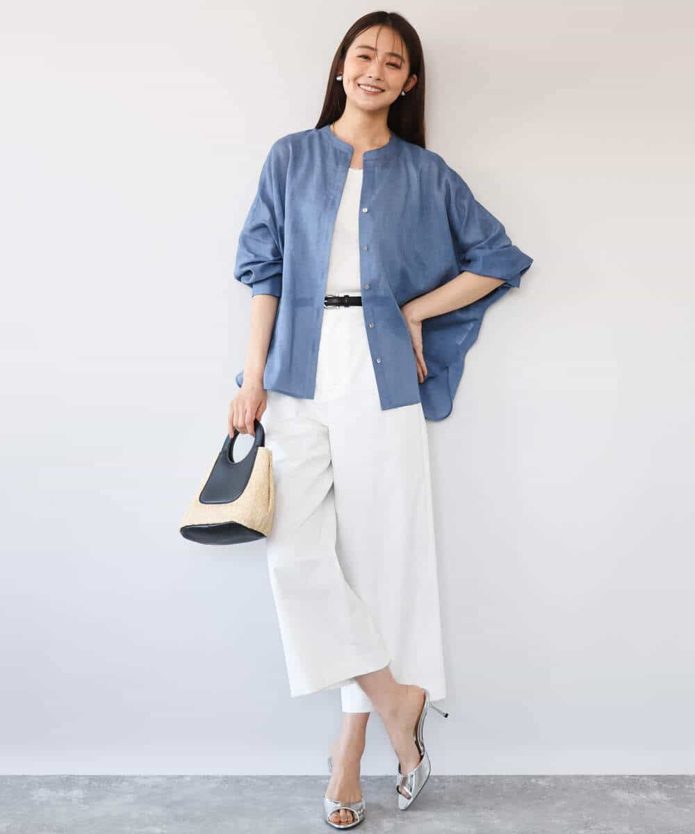 F1BHD65160 MK MICHEL KLEIN(小さいサイズ)(メゾン ドゥ サンク) 【小さいサイズ】[接触冷感/通気性/洗える]ラミーリネン混シャツブラウス ラベンダー