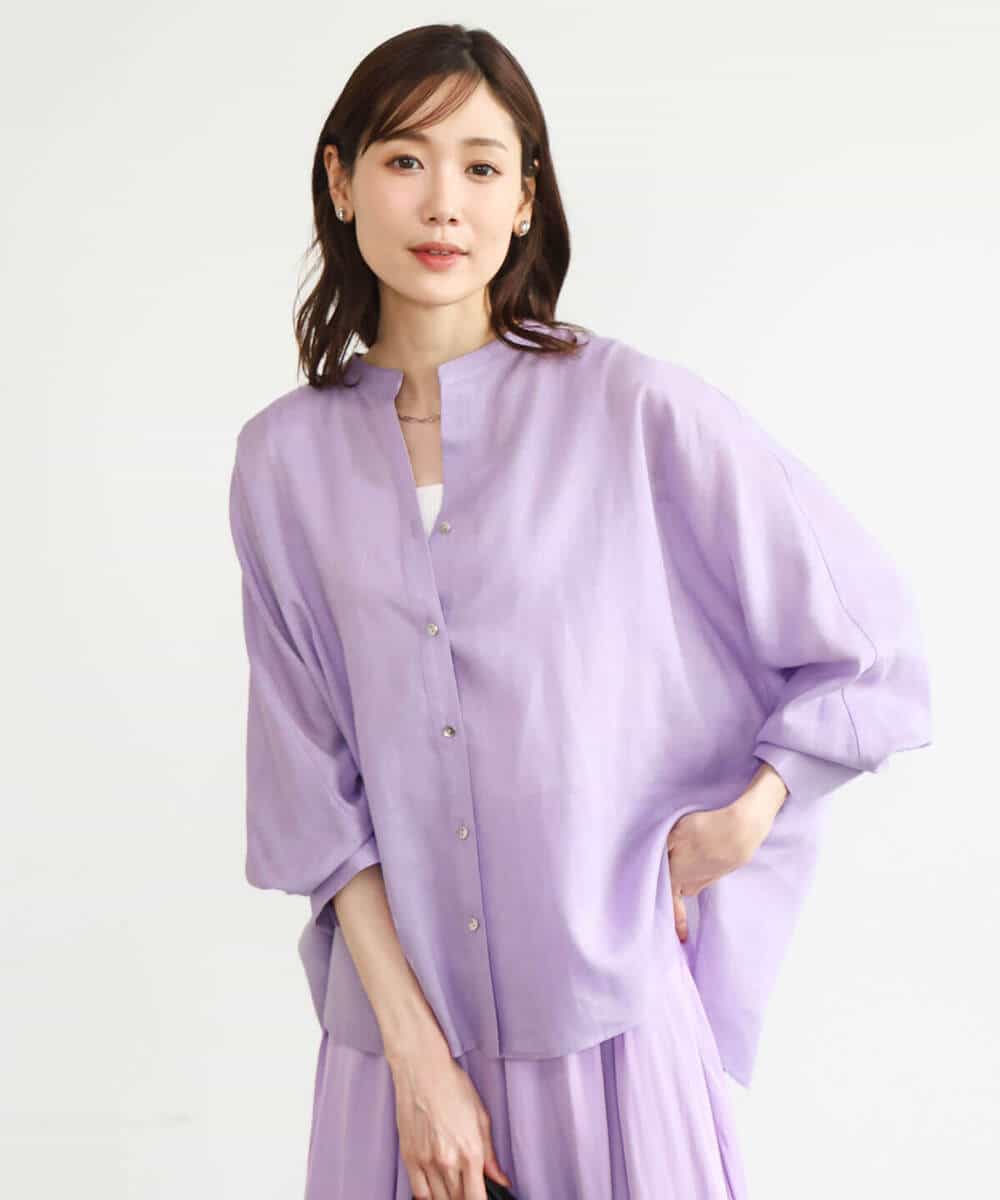 F1BHD65160 MK MICHEL KLEIN(小さいサイズ)(メゾン ドゥ サンク) 【小さいサイズ】[接触冷感/通気性/洗える]ラミーリネン混シャツブラウス ラベンダー