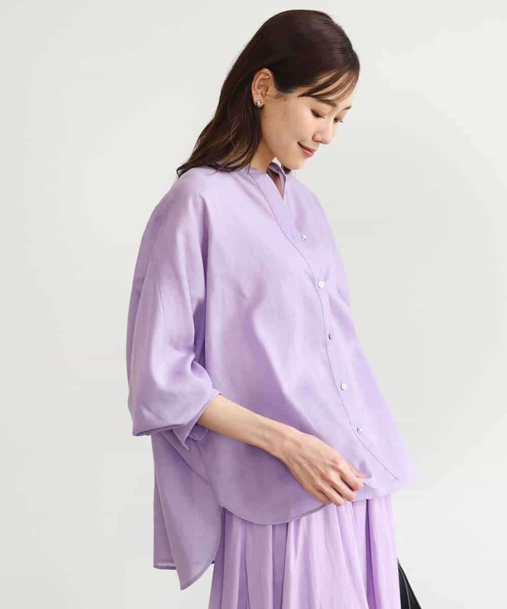 F1BHD65160 MK MICHEL KLEIN(小さいサイズ)(メゾン ドゥ サンク) 【小さいサイズ】[接触冷感/通気性/洗える]ラミーリネン混シャツブラウス ラベンダー