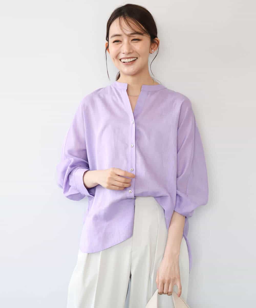 F1BHD65160 MK MICHEL KLEIN(小さいサイズ)(メゾン ドゥ サンク) 【小さいサイズ】[接触冷感/通気性/洗える]ラミーリネン混シャツブラウス ラベンダー