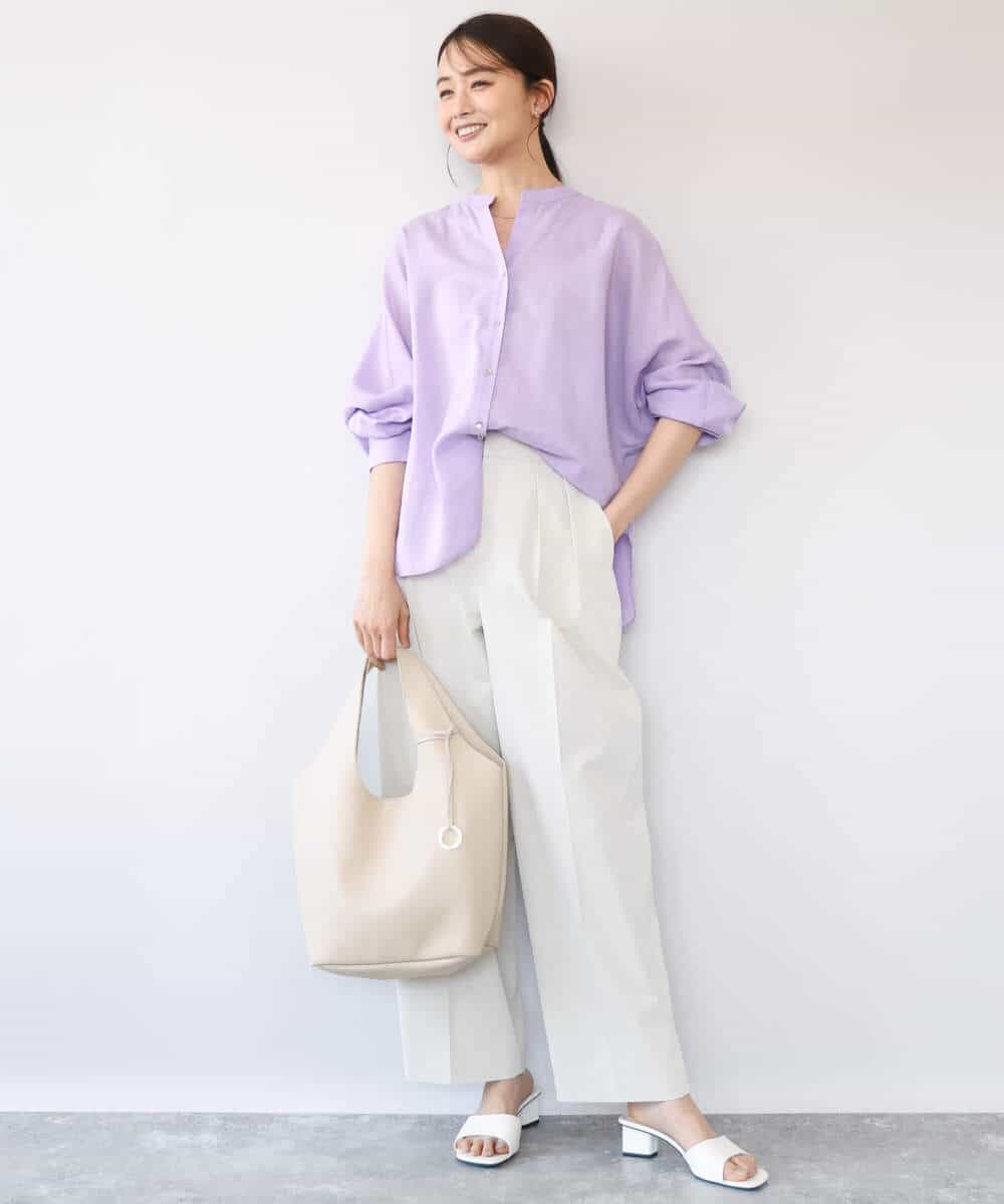 F1BHD65160 MK MICHEL KLEIN(小さいサイズ)(メゾン ドゥ サンク) 【小さいサイズ】[接触冷感/通気性/洗える]ラミーリネン混シャツブラウス ラベンダー