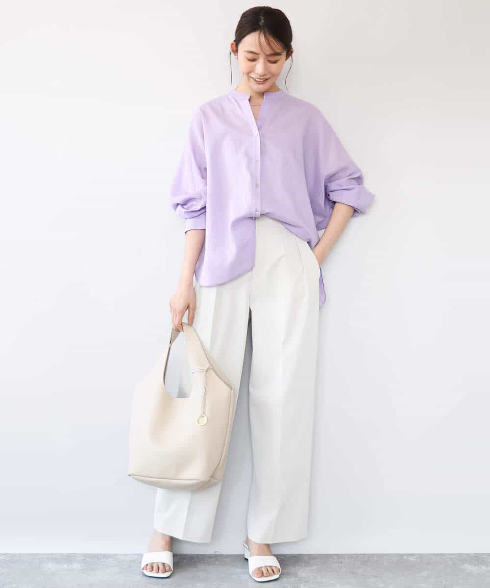 F1BHD65160 MK MICHEL KLEIN(小さいサイズ)(メゾン ドゥ サンク) 【小さいサイズ】[接触冷感/通気性/洗える]ラミーリネン混シャツブラウス ラベンダー
