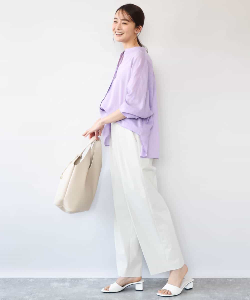 F1BHD65160 MK MICHEL KLEIN(小さいサイズ)(メゾン ドゥ サンク) 【小さいサイズ】[接触冷感/通気性/洗える]ラミーリネン混シャツブラウス ラベンダー