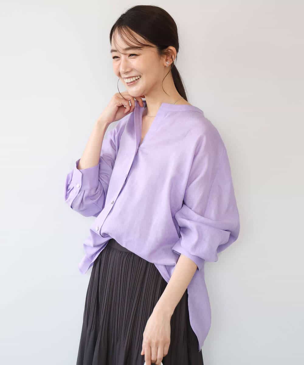 F1BHD65160 MK MICHEL KLEIN(小さいサイズ)(メゾン ドゥ サンク) 【小さいサイズ】[接触冷感/通気性/洗える]ラミーリネン混シャツブラウス ラベンダー