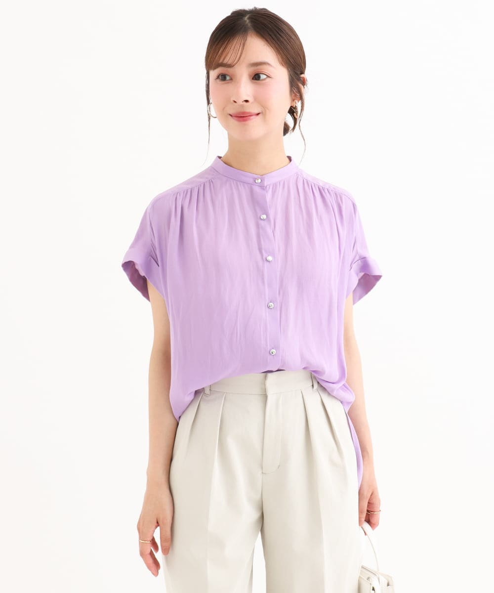 F1BHD67140 MK MICHEL KLEIN(小さいサイズ)(メゾン ドゥ サンク) 【小さいサイズ】[UVカット/接触冷感/洗える]バンドカラーサテンブラウス ラベンダー