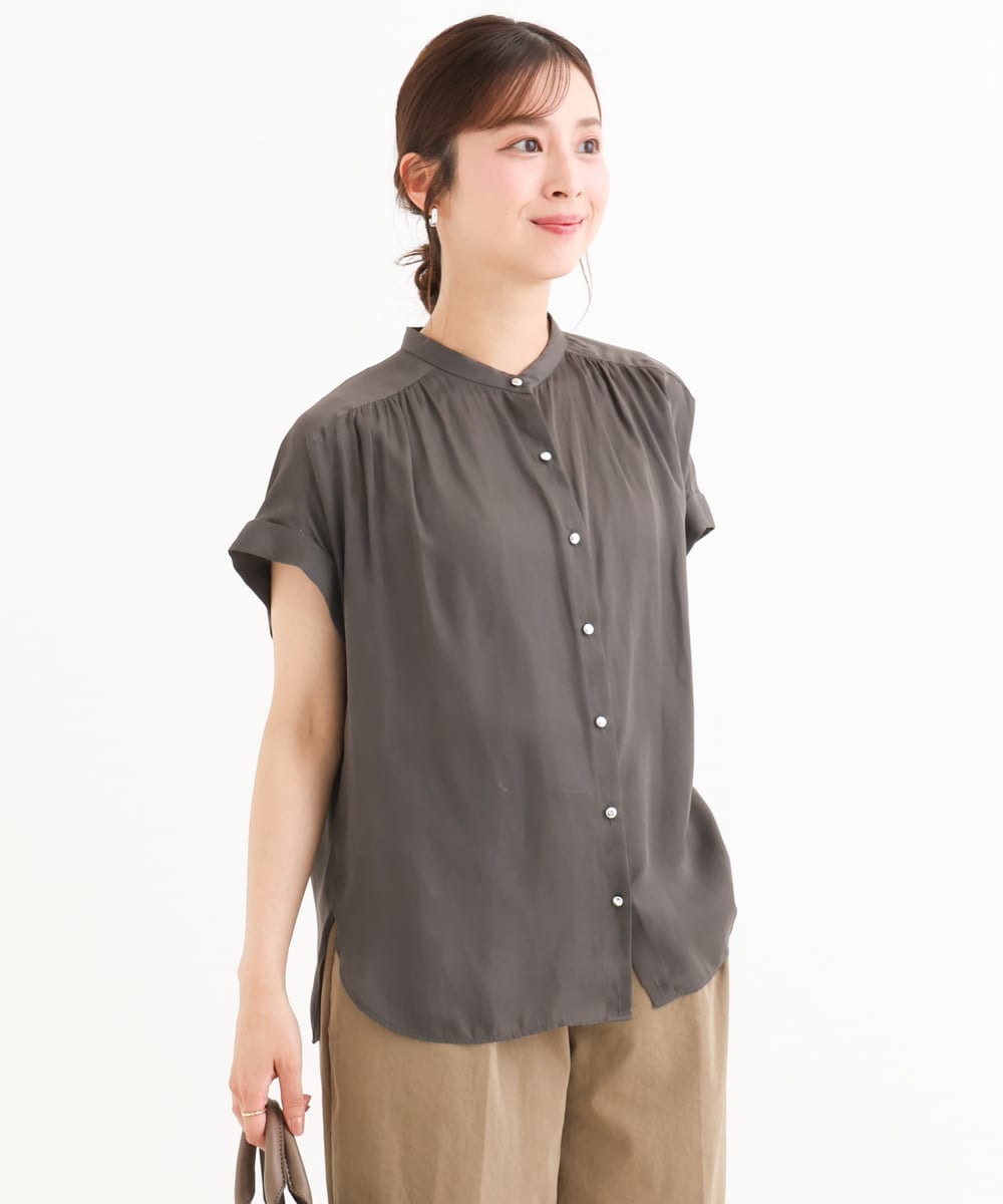 F1BHD67140 MK MICHEL KLEIN(小さいサイズ)(メゾン ドゥ サンク) 【小さいサイズ】[UVカット/接触冷感/洗える]バンドカラーサテンブラウス ラベンダー