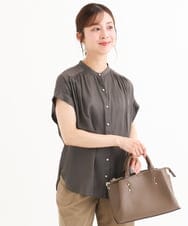 F1BHD67140 MK MICHEL KLEIN(小さいサイズ)(メゾン ドゥ サンク) 【小さいサイズ】[UVカット/接触冷感/洗える]バンドカラーサテンブラウス ラベンダー