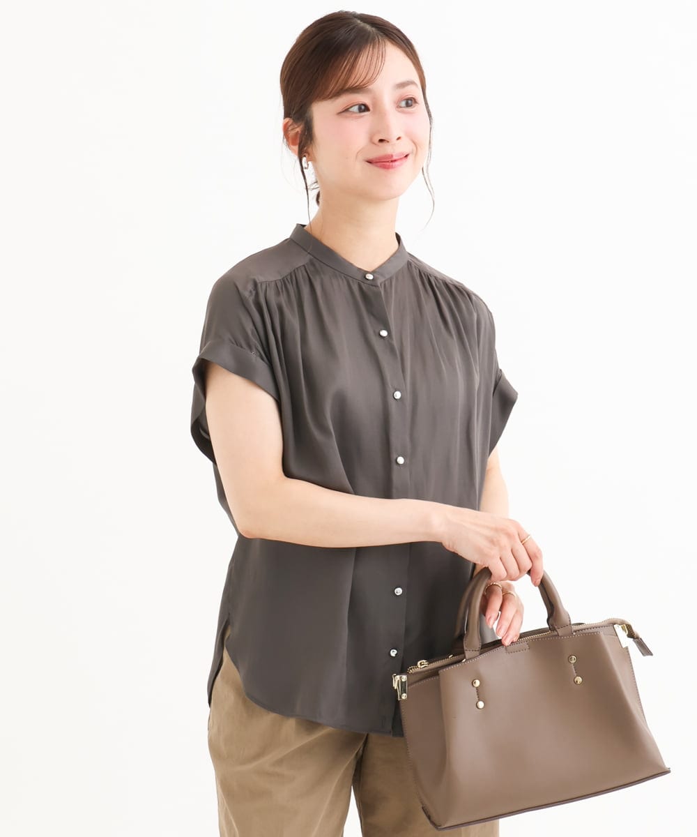 F1BHD67140 MK MICHEL KLEIN(小さいサイズ)(メゾン ドゥ サンク) 【小さいサイズ】[UVカット/接触冷感/洗える]バンドカラーサテンブラウス ラベンダー
