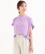 F1BHD67140 MK MICHEL KLEIN(小さいサイズ)(メゾン ドゥ サンク) 【小さいサイズ】[UVカット/接触冷感/洗える]バンドカラーサテンブラウス ラベンダー