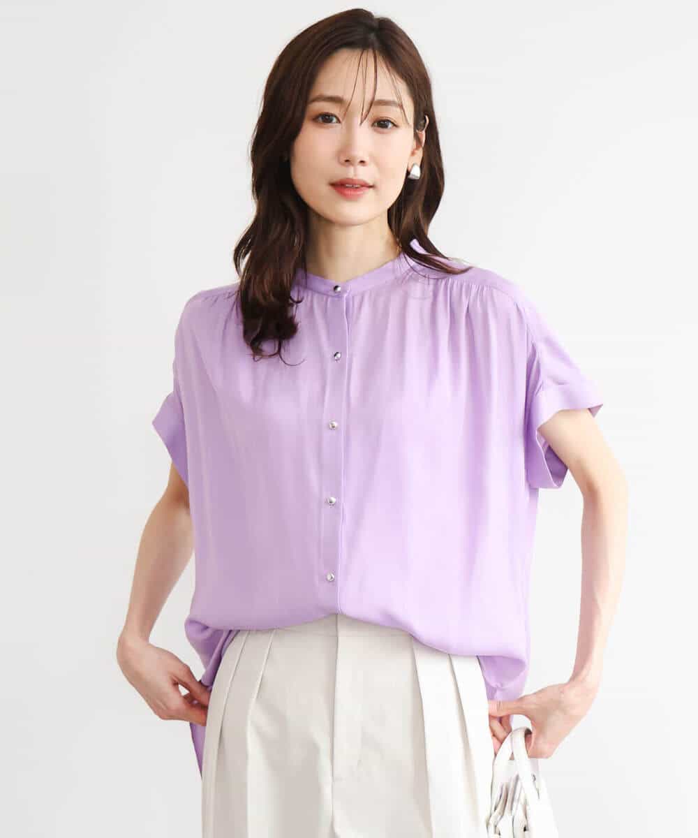 F1BHD67140 MK MICHEL KLEIN(小さいサイズ)(メゾン ドゥ サンク) 【小さいサイズ】[UVカット/接触冷感/洗える]バンドカラーサテンブラウス ダークグレー