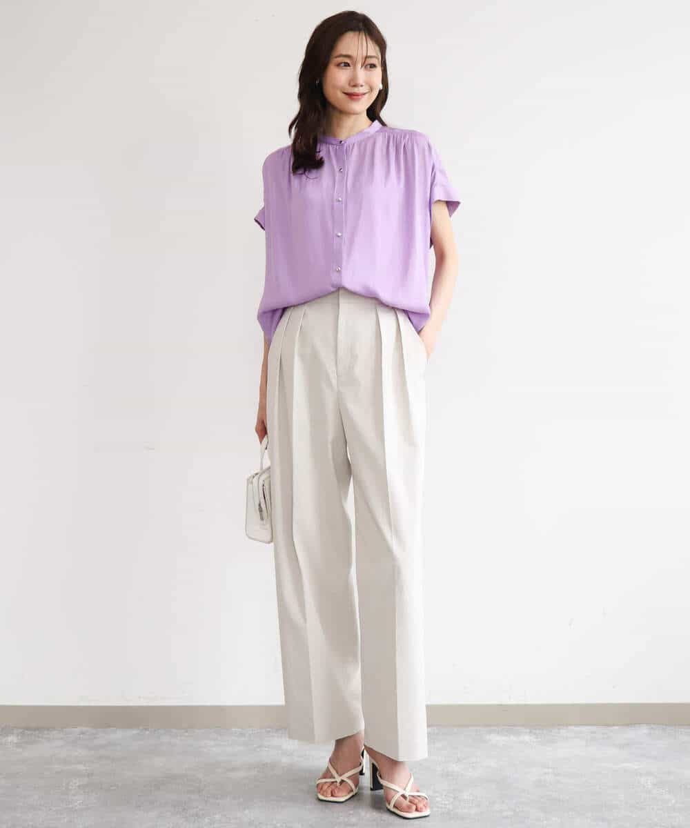 F1BHD67140 MK MICHEL KLEIN(小さいサイズ)(メゾン ドゥ サンク) 【小さいサイズ】[UVカット/接触冷感/洗える]バンドカラーサテンブラウス ダークグレー