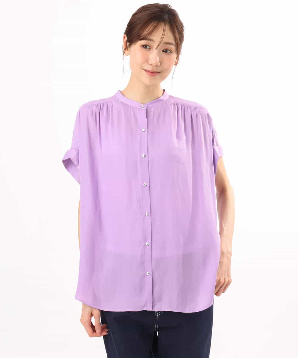 F1BHD67140 MK MICHEL KLEIN(小さいサイズ)(メゾン ドゥ サンク) 【小さいサイズ】[UVカット/接触冷感/洗える]バンドカラーサテンブラウス ダークグレー