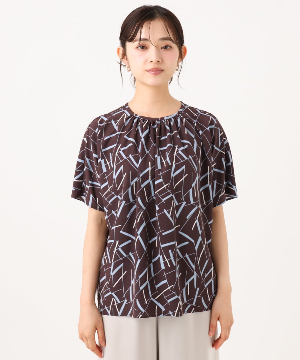 F1BHD68140 MK MICHEL KLEIN(小さいサイズ)(メゾン ドゥ サンク) 【小さいサイズ】[接触冷感/洗える]アートプリントブラウス ブラウン