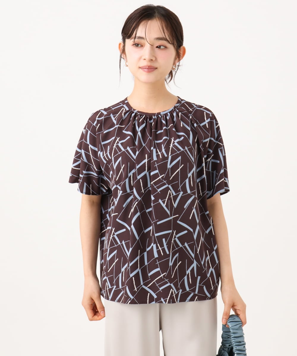 F1BHD68140 MK MICHEL KLEIN(小さいサイズ)(メゾン ドゥ サンク) 【小さいサイズ】[接触冷感/洗える]アートプリントブラウス ブラウン
