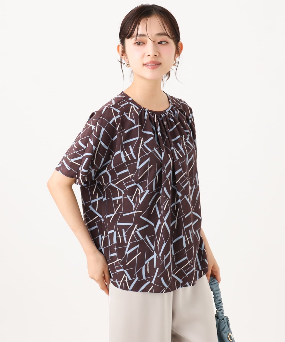 F1BHD68140 MK MICHEL KLEIN(小さいサイズ)(メゾン ドゥ サンク) 【小さいサイズ】[接触冷感/洗える]アートプリントブラウス ブラウン