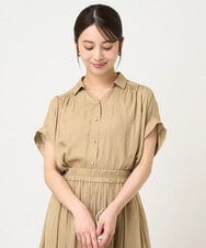 F1BHV04130 MK MICHEL KLEIN(小さいサイズ)(メゾン ドゥ サンク) 【小さいサイズ】メタル釦デザイン サテン地ブラウス/接触冷感/洗える ピンク