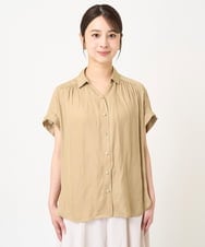F1BHV04130 MK MICHEL KLEIN(小さいサイズ)(メゾン ドゥ サンク) 【小さいサイズ】メタル釦デザイン サテン地ブラウス/接触冷感/洗える ピンク