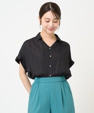 F1BHV04130 MK MICHEL KLEIN(小さいサイズ)(メゾン ドゥ サンク) 【小さいサイズ】メタル釦デザイン サテン地ブラウス/接触冷感/洗える ブラウン