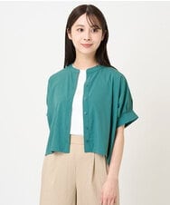 F1BHV62120 MK MICHEL KLEIN(小さいサイズ)(メゾン ドゥ サンク) 【小さいサイズ】タックスリーブバンドカラーブラウス/接触冷感/洗える グリーン