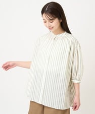 F1BHV66130 MK MICHEL KLEIN(小さいサイズ)(メゾン ドゥ サンク) 【小さいサイズ】コットンストライプバンドカラーシャツブラウス/洗える グリーン