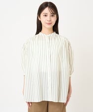 F1BHV66130 MK MICHEL KLEIN(小さいサイズ)(メゾン ドゥ サンク) 【小さいサイズ】コットンストライプバンドカラーシャツブラウス/洗える グリーン