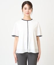 F1BHV68120 MK MICHEL KLEIN(小さいサイズ)(メゾン ドゥ サンク) 【小さいサイズ】配色パイピングデザインシフォントップス/洗える ホワイト