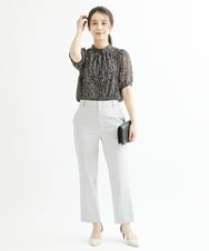 F1BIS04130 MK MICHEL KLEIN(小さいサイズ)(メゾン ドゥ サンク) 【小さいサイズ】リボンタイ付きボタニカル柄シフォンブラウス/洗える ブラウン