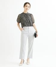 F1BIS04130 MK MICHEL KLEIN(小さいサイズ)(メゾン ドゥ サンク) 【小さいサイズ】リボンタイ付きボタニカル柄シフォンブラウス/洗える ブラウン